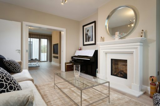 a living room with a fireplace