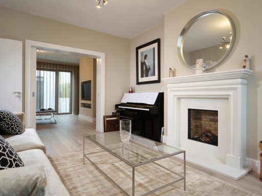 a living room with a fireplace