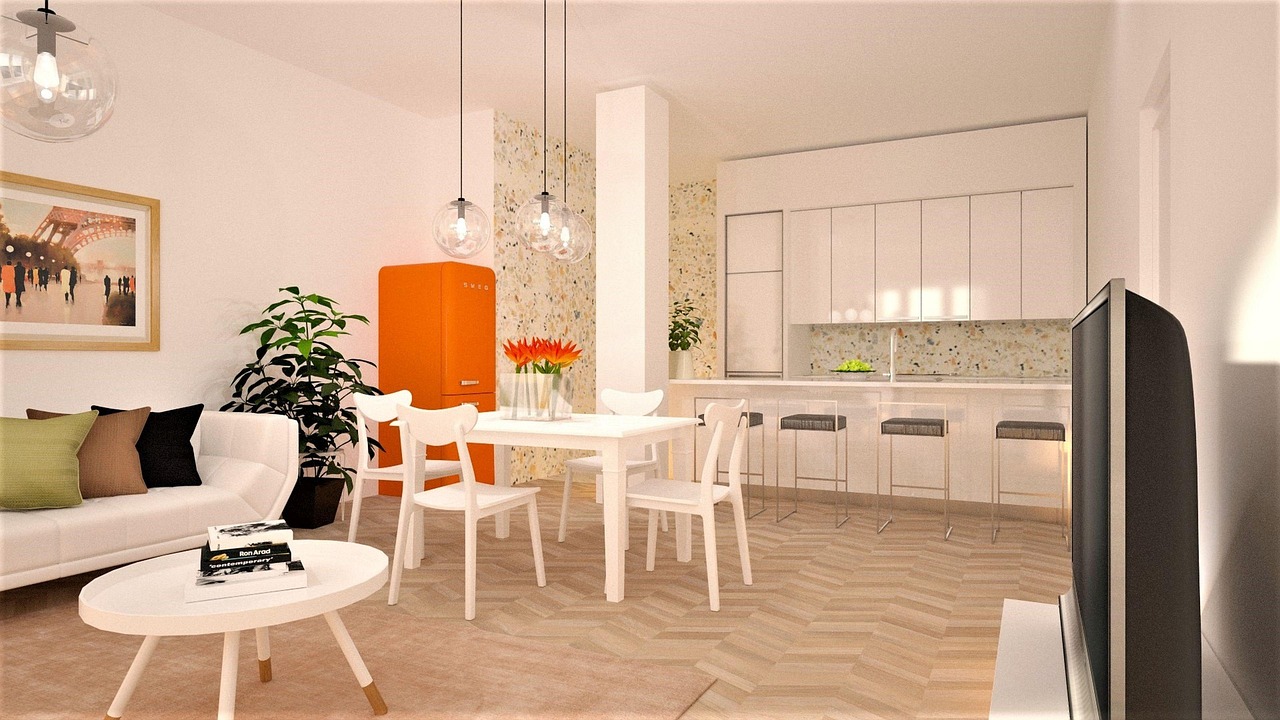 Moderne keuken met onderkastverlichting, hanglamp boven het eiland en accentverlichting in open kasten voor een warme sfeer